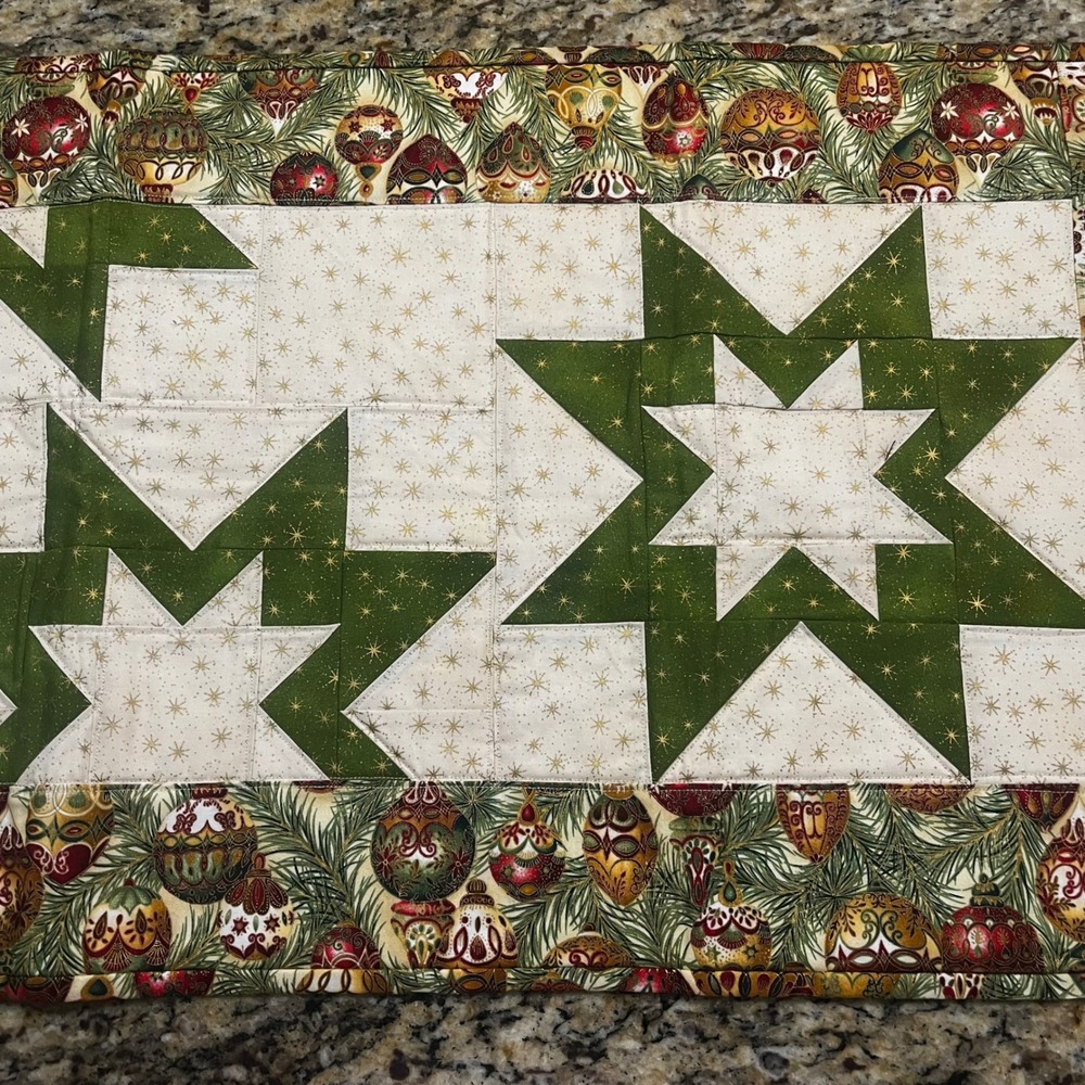 Handmade Quilted Christmas Table Runner Green Stars Gold Metallic Ornaments 46in